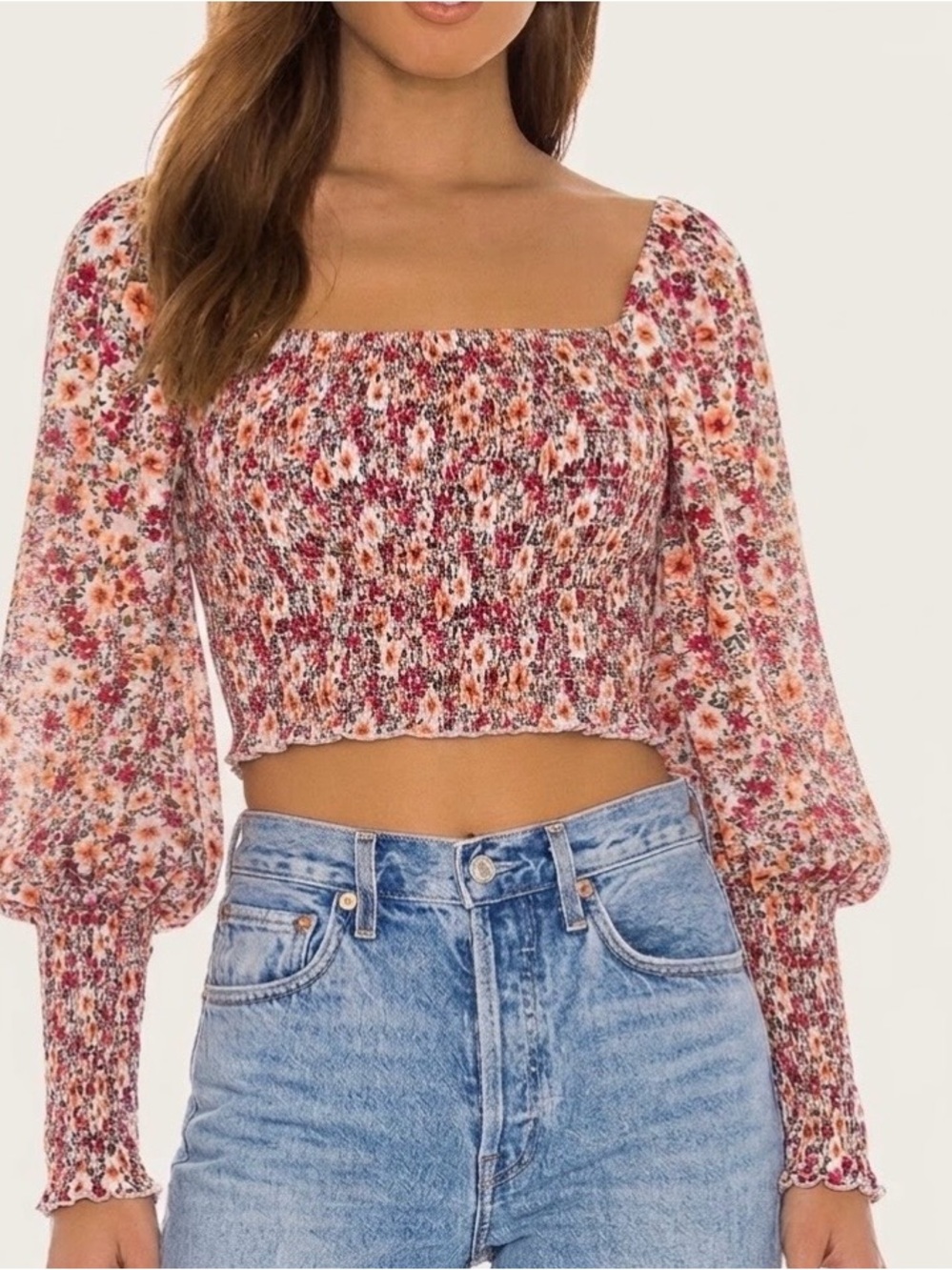 Mi Ami Pink Orange Floral Smocked Balloon Sleeve Crop Top M Cottagecore